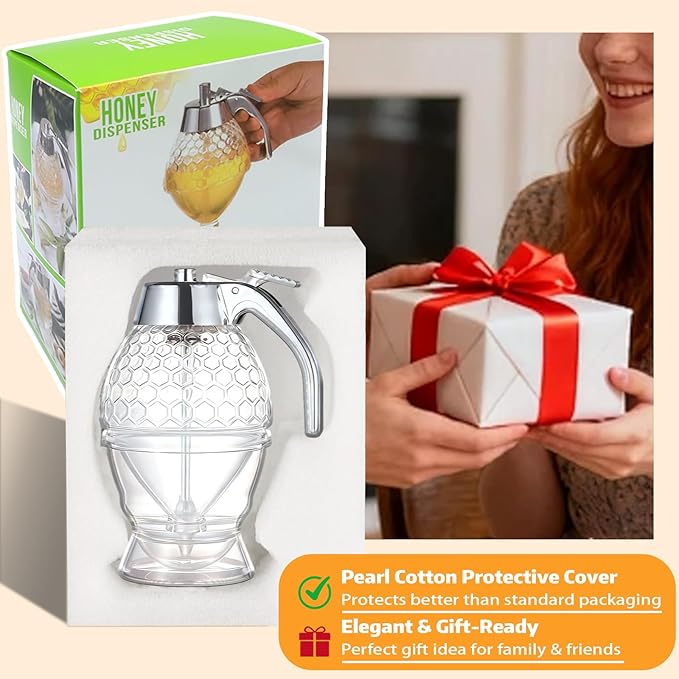 Honey Dispenser - Glass Honey Dispenser No Drip, 8oz Pot with Stand, Maple Syrup Container, Elegant Honeycomb Shaped Jar for Tea Time (general)