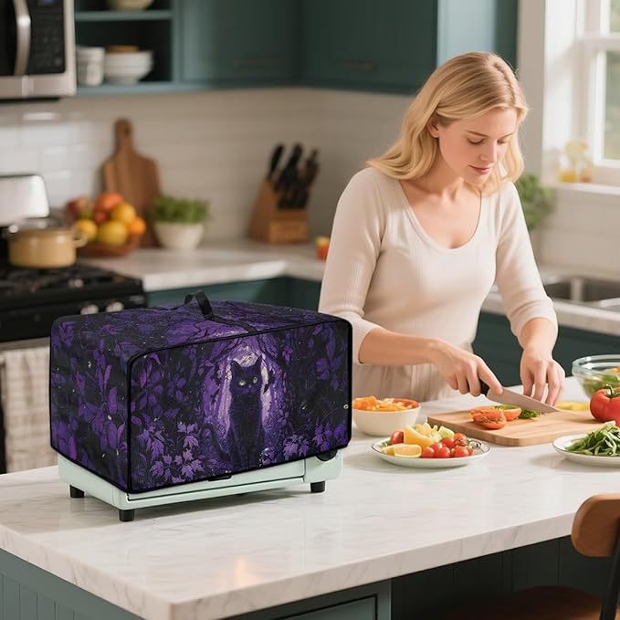 Countertop Convection Oven Cover Decorative and Protective Air Fryer Toaster Oven Dust Cover for Home Kitchen Indoor Decor, L, Black Cat Skull Bat Violet Forest Halloween