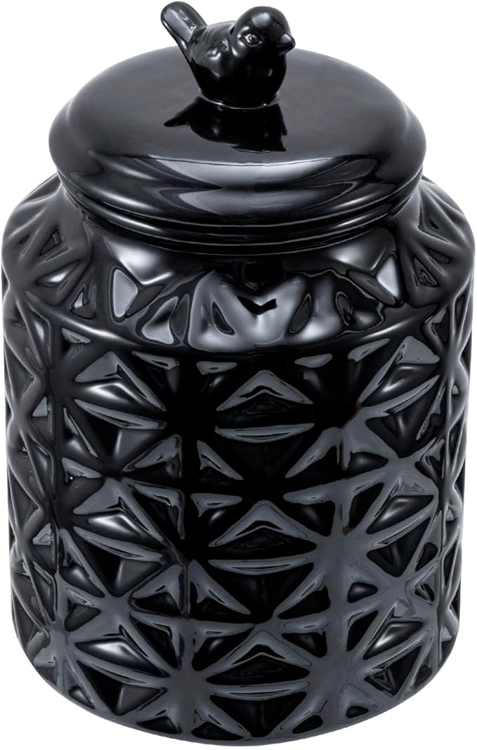 MyGift 6 Inch Round Black Ceramic Cookie Jar with Airtight Lid and Bird Shape Top Handle, Vintage Style Kitchen Canister with Embossed Geometric Star Pattern