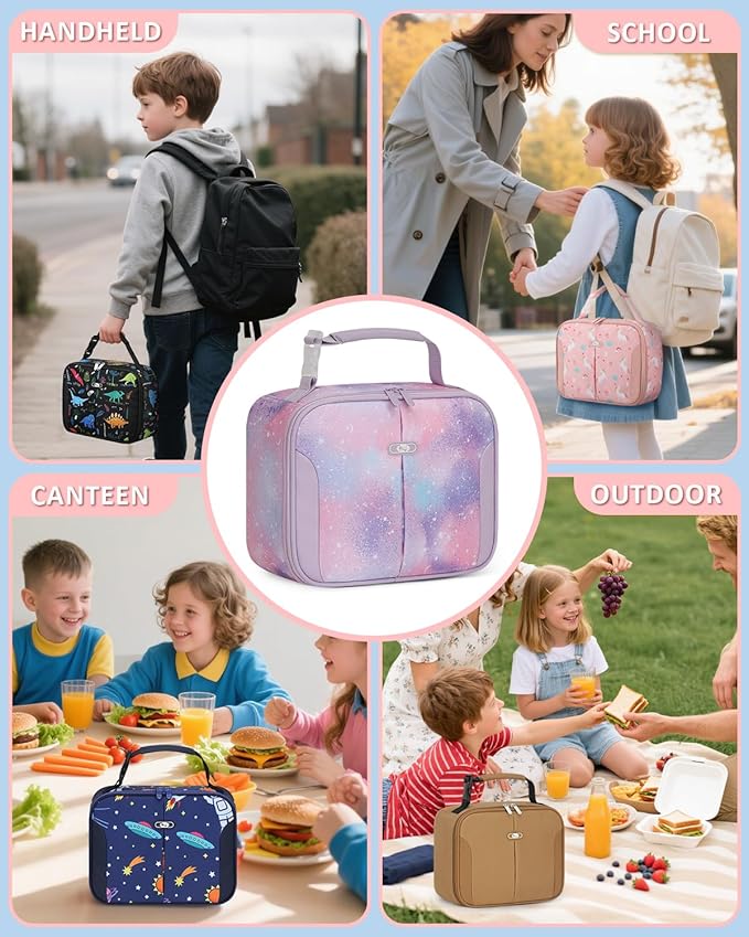 Insulated Lunch Box for Kids, Cute Thermal Lunch Bag for School, Reusable Lunch Tote for Boys and Girls, Durable Cooler Bag with Easy Grab Handle, Lightweight and Easy to Clean, Galaxy Starry Sky