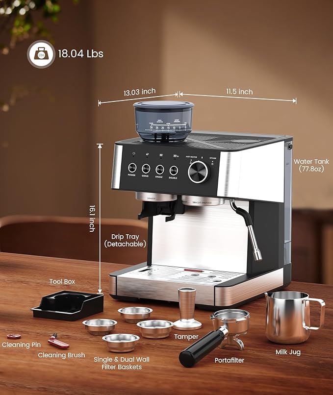 (2026 Upgrade) Espresso Machine with Grinder, Expresso Coffee Machines with Built-in Anti-Clog Coffee Grinder/Milk Steam Wand/Frother, Expresso Machines for Home Perfect Cappuccino & Latte-Gloss Black