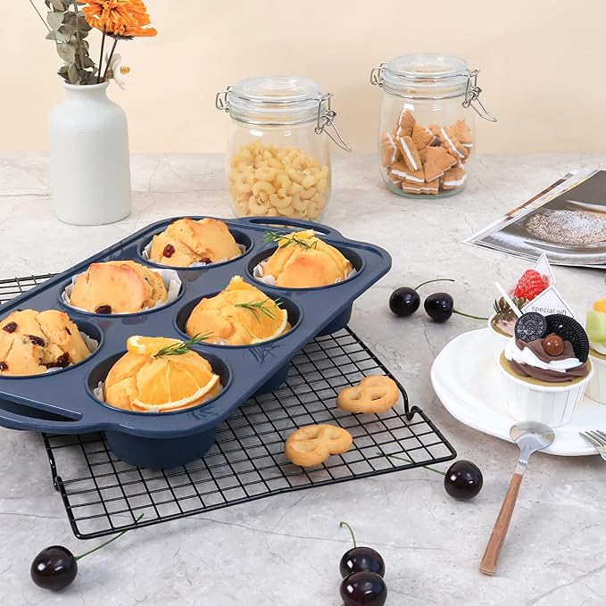 2 Pack Jumbo Silicone Muffin Pan with Metal Frame, Non Stick Silicone Cupcake Pan with Handles 6 Cup, BPA Free Silicon Muffin Tin Tray Extra Large for baking, egg bites, Cupcake Mold Grey