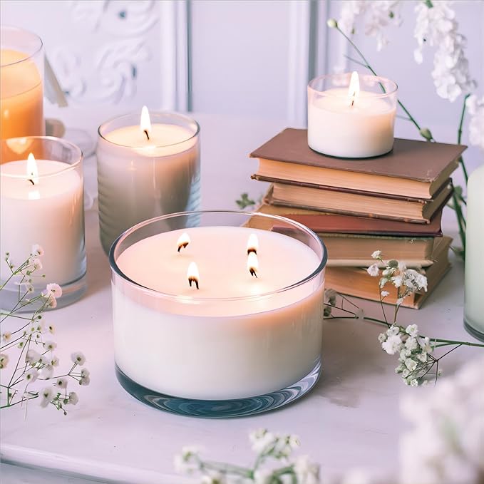 CONNOO 24oz Clear Glass Candle Jars 6 Pack, Multi-Wick Wide Mouth Empty Bulk Candle Containers for Making Candles with Airtight Bamboo Lids, Sticky Warning Labels, Wick kit- Dishwasher Safe