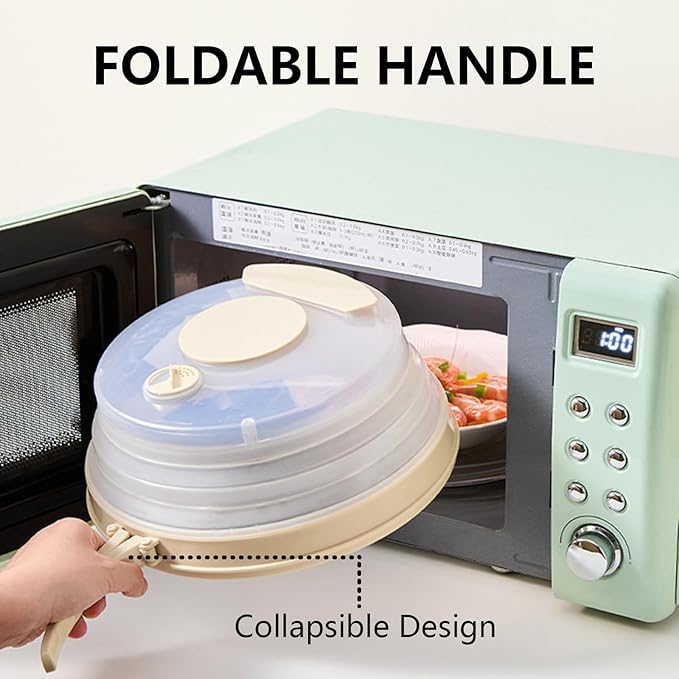 Microwave Splatter Cover with Base Plate and Water Steamer,Collapsible Microwave Cover for Food with Handle and Seasoning Groove, Clear Plate Covers,Food Safe,BPA Free,House Gifts (Creamy White)