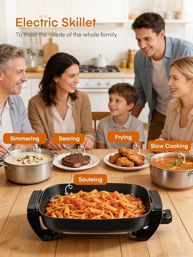 FOHERE 16-Inch Electric Skillet with Glass Cover, 1500W Rapid Heat, Adjustable Temperature, Multi-Purpose Electric Skillet Fried Chicken, Perfect For Family Gathering Cooking