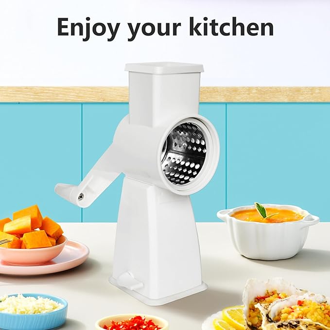 4-in-1 Rotary Cheese Grater Handheld, Lightweight Body with 4 Stainless Steel Blades & Non-Slip Suction Base, for Shredding Parmesan, Slicing Vegetables, Grating Chocolate(White)