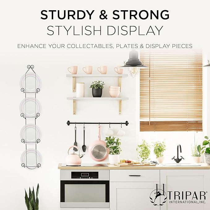 TRIPAR Vertical Wall Plate Rack, Black Display (4 Tiers) - Lightweight & Durable - Contains 4 Non-Adjustable Brackets - Elegantly Display Plates, Tiles, Artwork, & More