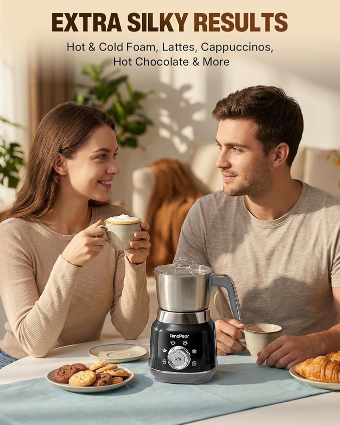 Milk Frother and Steamer, 6 in 1 Electric Foam Maker for Coffee, 16.9oz/500ml Milk Warmer for Latte, Macchiato, Cappuccino, Hot Chocolate Maker, Dishwasher Safe (Black)