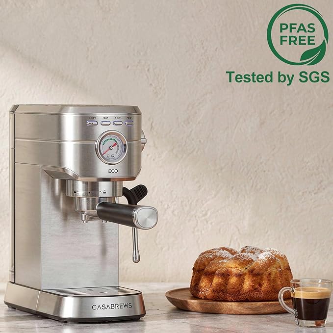 CASABREWS CM5418ECO Espresso Machine 20 Bar, PFAS-Free Espresso Maker with Steam Wand, Stainless Steel Coffee Machine with 34oz Removable Water Tank for Cappuccino, Small Latte Machine, Silver