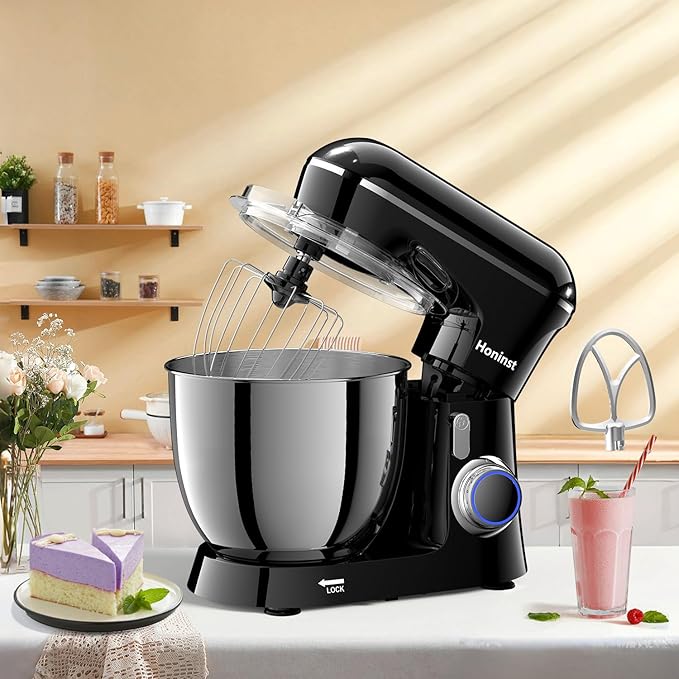 Honinst Stand Mixer, 6.5QT 10-Speed Tilt-Head Electric Stand Mixer, 3-In-1 Kitchen Mixer with Bowl, Dough Hook, Whisk and Beater, Food Mixer for Baking, Cake and Most Home Cooks, Black