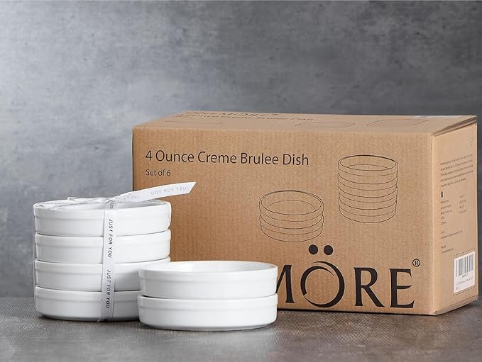 ONEMORE Ramekins 4 oz, Creme Brulee Ramekins Oven Safe Ceramic Shallow Souffle Dishes for Baking Custard, Mini Pies, Puddings and Dipping Sauces 4.5 inch White Mini Round Quiche Pans Set of 6