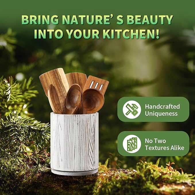 Wooden Utensil Holder, 360°Rotating 7.3'' Large Utensil Holder for Kitchen Counter, Kitchen Utensil Organizer, Utensil Crock, Farmhouse Kitchens Countertop Decor, Distressed White