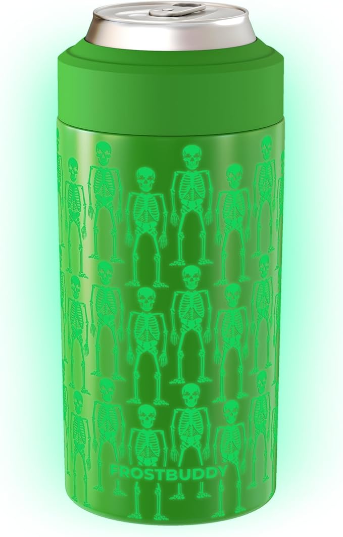 Frost Buddy Universal Can Cooler - Fits all - Stainless Steel Can Cooler for 12 oz & 16 oz Regular or Slim Cans & Bottles - Stainless Steel (Shake My Bones)