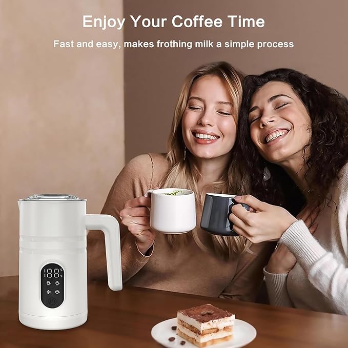 4 in 1 Electric Milk Frother Automatic Hot & Cold Foam Maker Auto Shut-Off Durable Stainless Steel Milk Frother Silent Working Easy to Clean for Hot Chocolate (White-With Digital Display)