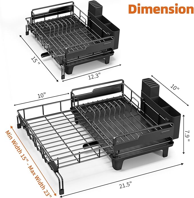 Urackify Dish Drying Rack - Extendable Dish Drainer, Large Dish Rack for Kitchen Counter, Rustproof Dish Strainer with Utensil Holder and Cups Holder, 1 Tier Black