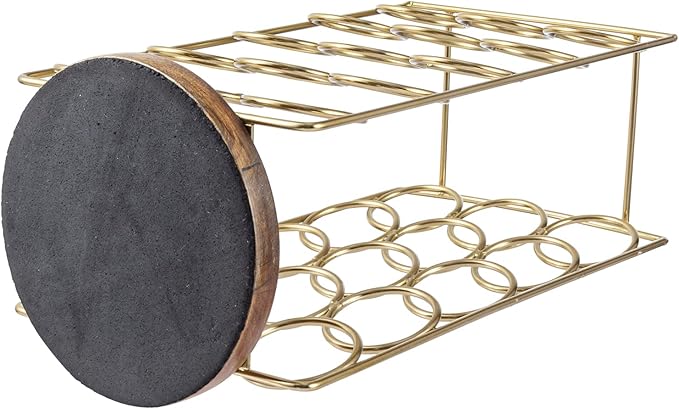 MyGift Modern Brass Tone Plated Metal and Brown Mango Wood Coffee Pod Holder Stand - Tabletop Café Bar Coffee Capsule Storage Rack - Handcrafted in India