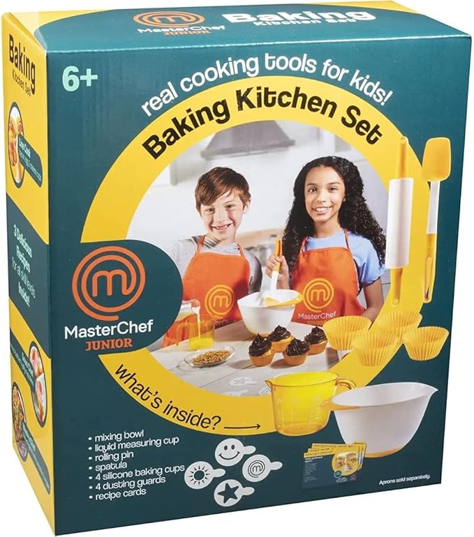 MasterChef Junior Baking Kitchen Set for Kids - 7 Pc. Kit Includes Real Cooking Tools for Kids w Recipes, Xmas Holiday Gift Party- Homemade Treats