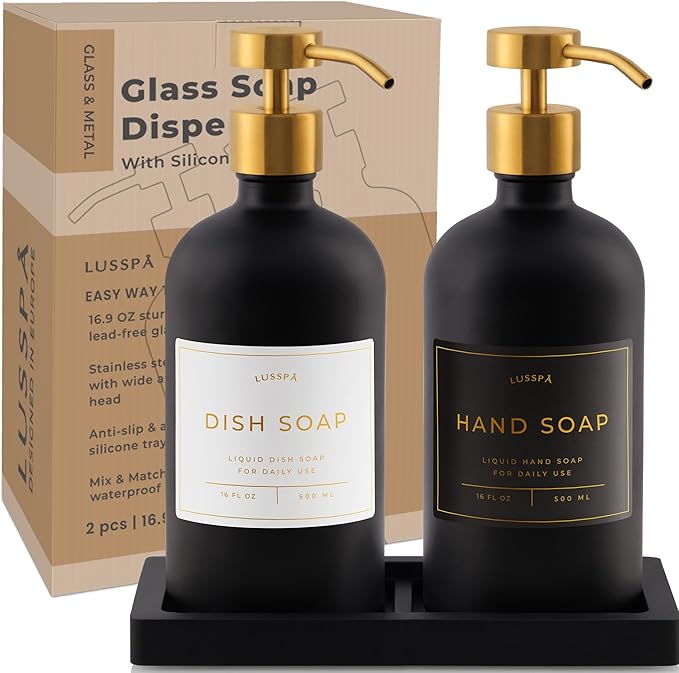 Glass Soap Dispenser Set of 2 (Black) with Silicone Tray | Hand and Dish Soap Dispenser for Kitchen and Bathroom | 16.8 Oz Glass Bottles with Stainless Steel Pump & 15 Waterproof Labels (Black/Gold)