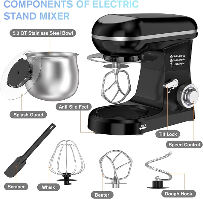 Electric Stand Mixer with 5.3 Quart,Cake Mixer with Stainless Steel Bowl and Stand, Kitchen Mixer Tilt-Head Design – Includes Dough Hook, Whisk & Beater-Great for Baking Bread, Cakes, Cookies