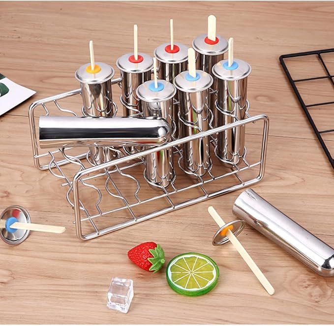 10Pcs Stainless Steel Popsicle Molds and Rack Ice Cream Popsicle Molds with 10 Round Ice Pop Makers + 100 Reusable Bamboo Sticks + 20 Bags + 1 Cleaning Brush + 1 Rack (Silver (Round))