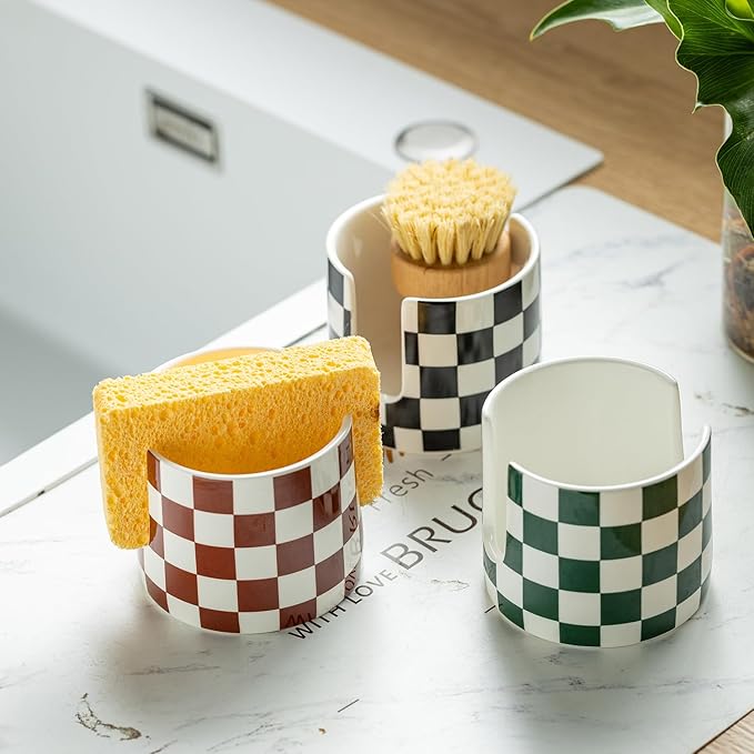 Checkered Sponge Holder for Kitchen Sink, Ceramic Dish Sponge Drying Caddy Scrubby Holder Kitchen Organizer Cute Dish Rack for Sink Counter, Brown and White