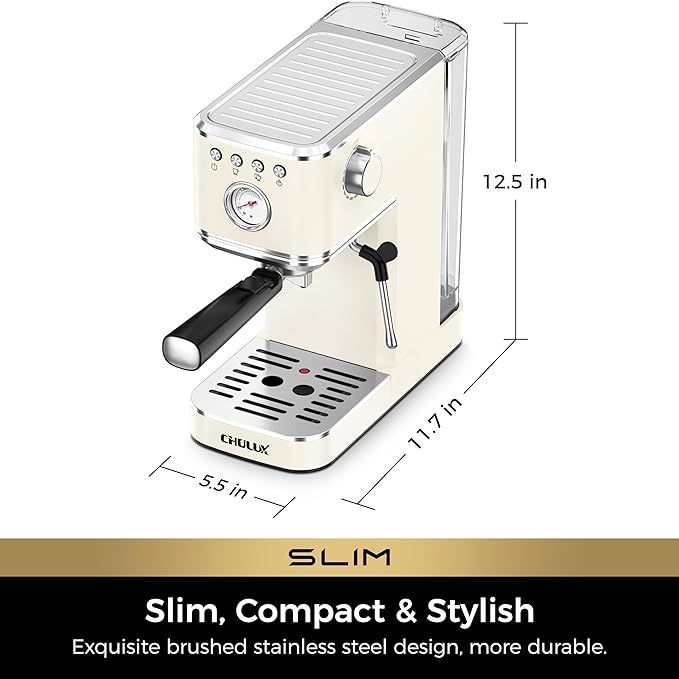 CHULUX Slim Espresso Machine with Milk Frother, 20 Bar Professional Italian Pump Espresso Coffee Machine for Home Cappuccino & Latte Maker, Stainless Steel, Creamy