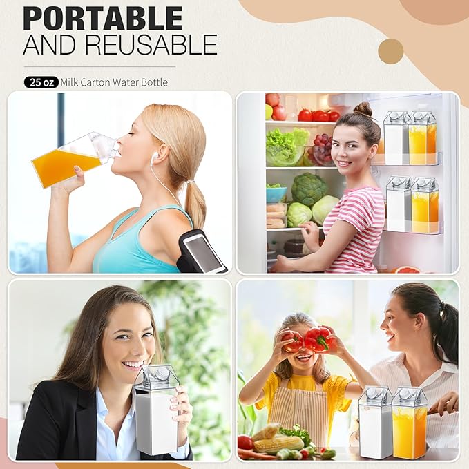 Remerry 3 Pcs Milk Carton Water Bottle Square Plastic Coffee Portable Reusable Milk Carton Cup Leakproof Juice Bottle