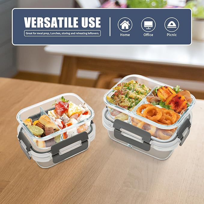 GULFLIN 2 & 3 Compartment Meal Prep Containers - Glass Food Storage Lunch Containers with Lids, Bento Box, Portion Control, Freezer to Microwave Safe