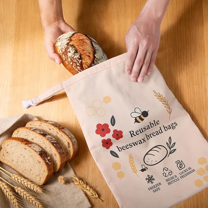 2 Pack XL Reusable Beeswax Bread Bags for Sourdough Baking, Organic Waxed Lined, Cotton Bread Bags for Homemade Bread, Food-Storage Bag to Keep Fresh