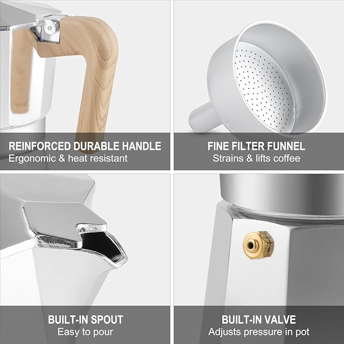 Sivaphe Aluminum Moka Pot 6 Espresso Cups, Percolator Espresso and Coffee Maker, Portable Stovetop Italian and Cuban Café Brewer for Home and Camping Sliver