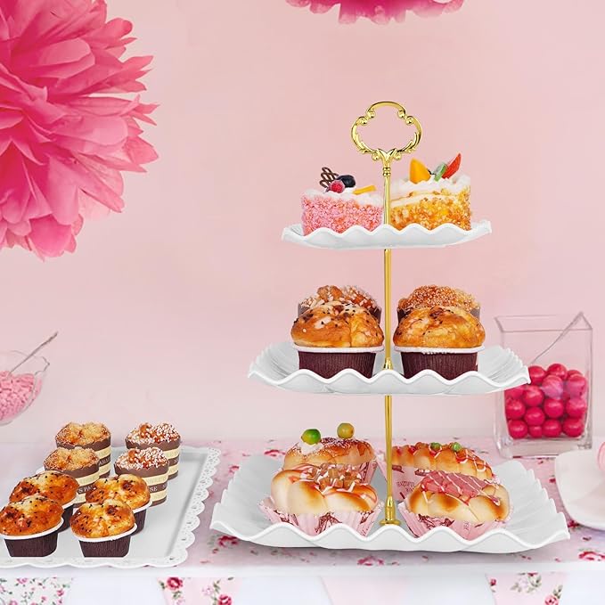 5 Pcs Dessert Display Stands, 2pcs Dessert Stands 3 Pcs Tray, Pink Dessert Display Stands, Treat Table Displays Set for Wedding Baby Shower Tea Party, Ease of Cleaning and Assembly