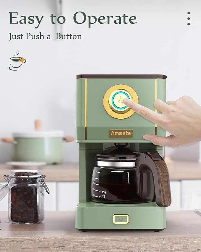 Amaste Drip Coffee Maker, Coffee Machine with 25 Oz Glass Coffee Pot, Retro Style Coffee Maker with Reusable Filter & Three Brewing Modes, Warming Plate, Matcha Green