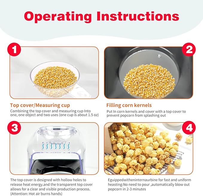 Large Capacity Popcorn Maker Machine, 3 Oz Popcorn Popper (42% More Corn Than Standard 2 Oz), 2 Min Fast Popping, No Oil & BPA-Free, ETL Certified Air Popper for Home Theater, Movie Nights, Parties