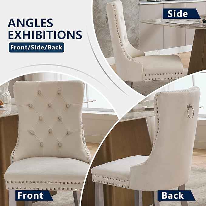 Velvet Dining Chairs Set of 4, Kitchen & Dining Room Chairs, Upholstered Dining Chairs with Back Ring Pull and Silver Solid Wood Legs, Modern Tufted Kitchen Chairs for Dining Room, Cream