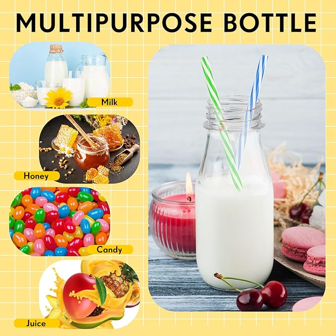 Yinkin 20 Sets Plastic Milk Bottles with Straws Lids Clear Plastic Containers for Dairy Milk Party Bottle for Juices Shakes Smoothies (8 oz,Summer Color)
