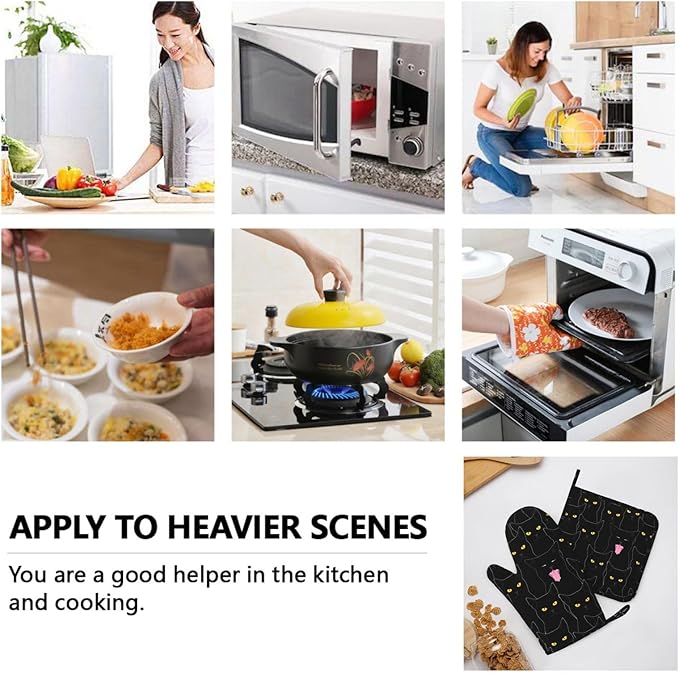 Fun Black Cat Oven Mitts and Pot Holders Set of 4 Silicone Heat Resistant Oven Mitten Potholders Non Slip Gloves Kitchen Decor for BBQ Cooking Grilling Baking