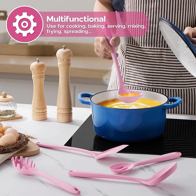 Onader Silicone Cooking Utensils Set, 10 Pieces Kitchen Utensils Set, Pink Kitchen Gadgets Tools Kit for Nonstick Cookware