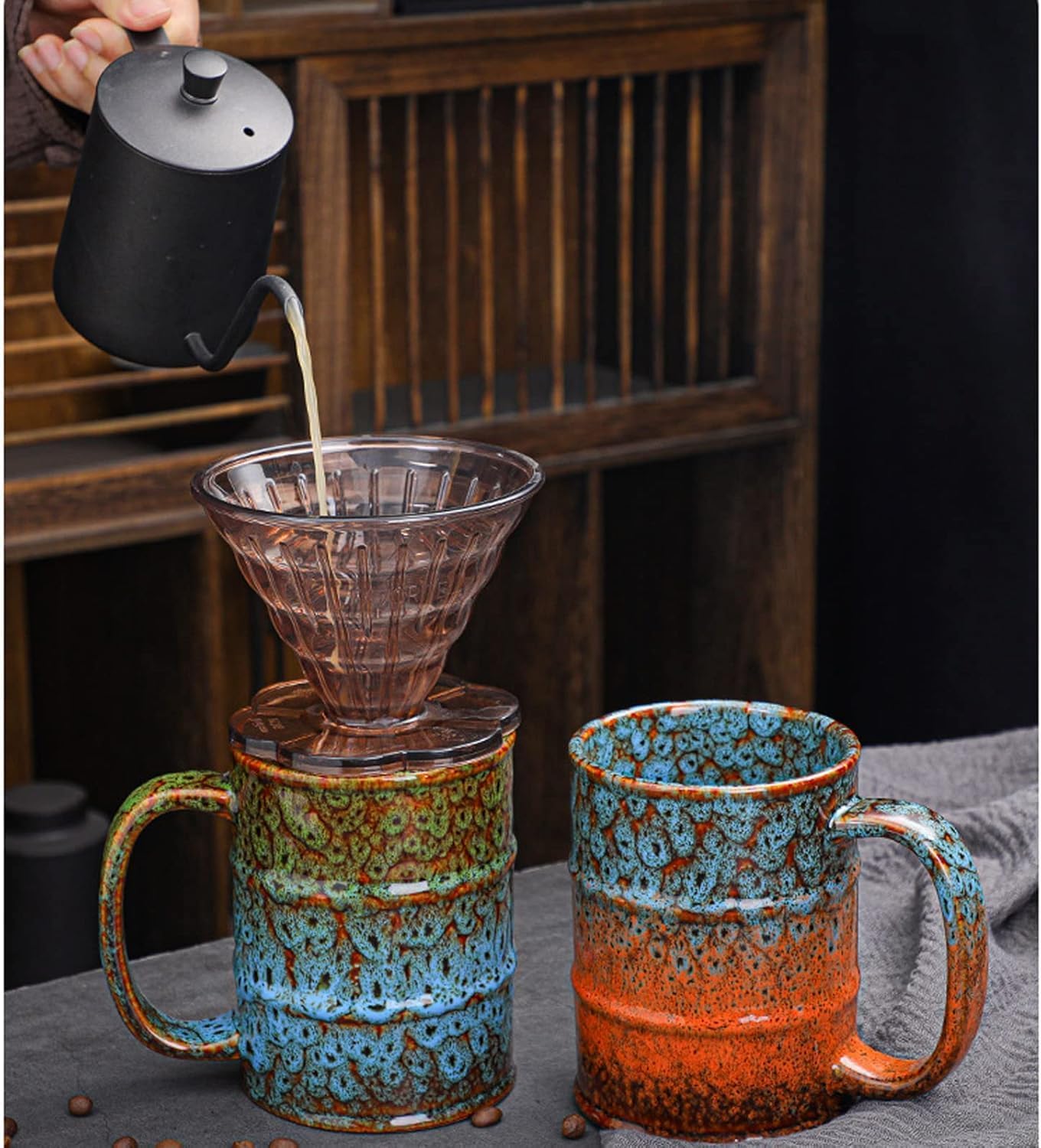 Ceramic 20 oz Tea Cup - Large Coffee Mug for Office and Home - Dishwasher and Microwave Safe (4, Green and Blue)