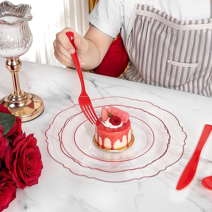 Liacere 400PCS Pre Rolled Red Silverware and Napkin - Disposable Red Plastic Utensils-Wrapped Plastic Cutlery Set with Napkin:100Forks,100Knives,100Spoons,100Napkins for Wedding&Valentine&Christmas