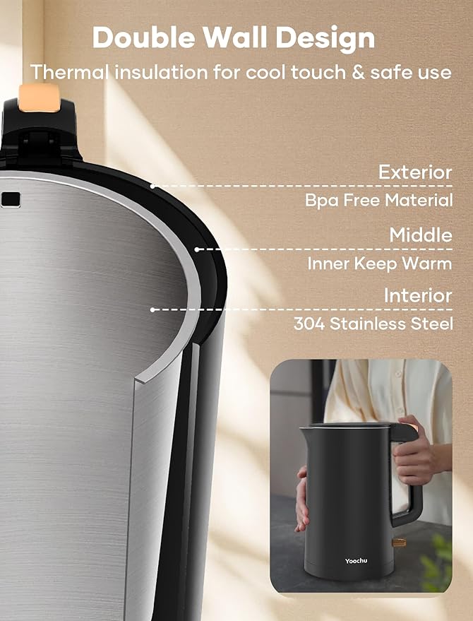 Electric Kettle, Double Wall 1.7L Stainless Steel Cool Touch, Water Boiler & Heater, 1500W Hot Tea Pot, Boil Dry Protection & Cordless Base, BPA-Free, Black