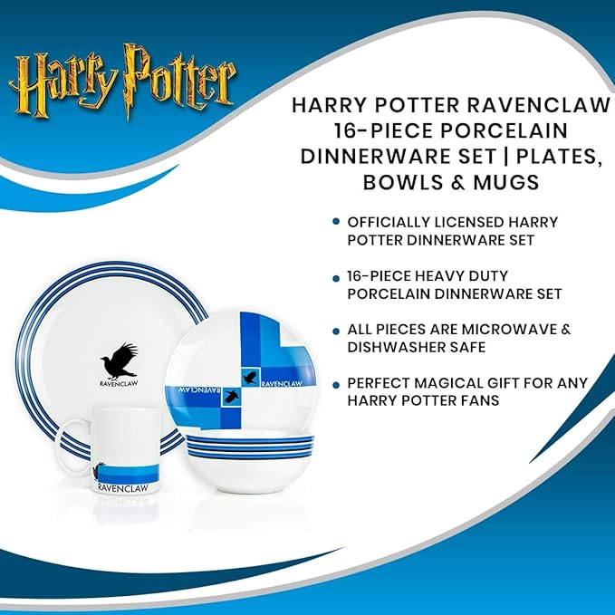 Harry Potter Ravenclaw 16 Piece Porcelain Dinnerware Set for 4 - Includes 4 Dinner Plates, 4 Salad Plates, 4 Bowls and 4 Mugs