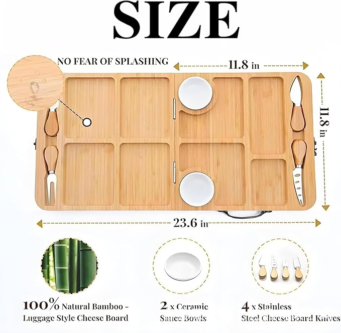 OUTMX Bamboo Cheese & Charcuterie Board Set, Large Foldable Cutting Board with Knife, Snack and Fruit Platter for Cheese, Bread, Butter – Perfect Wedding, Bridal Shower & Party Gift