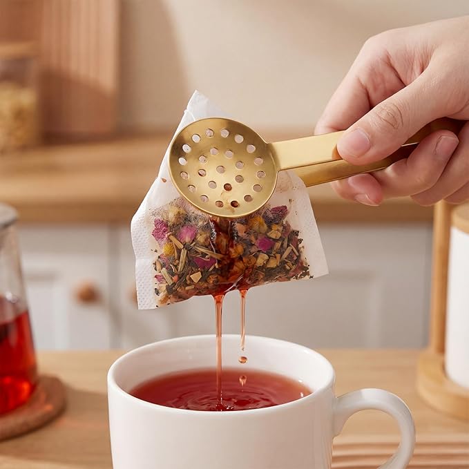 Tea Bag Squeezer, Stainless Steel Tea Tongs, Teabag Filter, Dispenser Accessories for Teas Drinkers, Durable Round Strainer Gripper Picker (Gold)