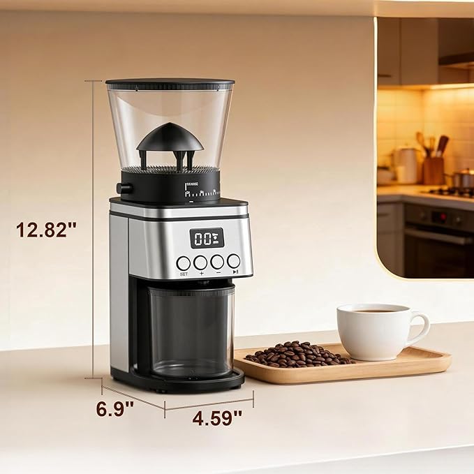Conical Burr Coffee Grinder Electric,Stainless Steel Coffee Grinder for Home, Adjustable Burr Grinder with 30 Grind Settings, Digital Timer & 2-12 Cup Control, Removable Sealed Hopper, Easy Clean