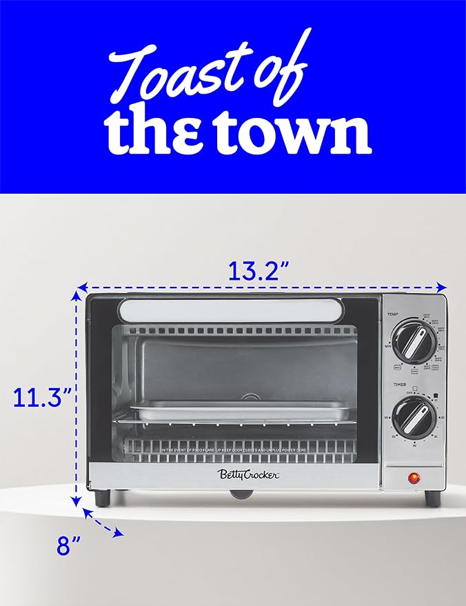 Betty Crocker 9L Toaster Oven, 2-Slice Toaster with Chrome Plated Front, Stainless Steel Handle, Bake, Broil & Toast Functions, Easy Control Dials, Includes Baking Pan & Rack, BC-5665B, Black/Silver