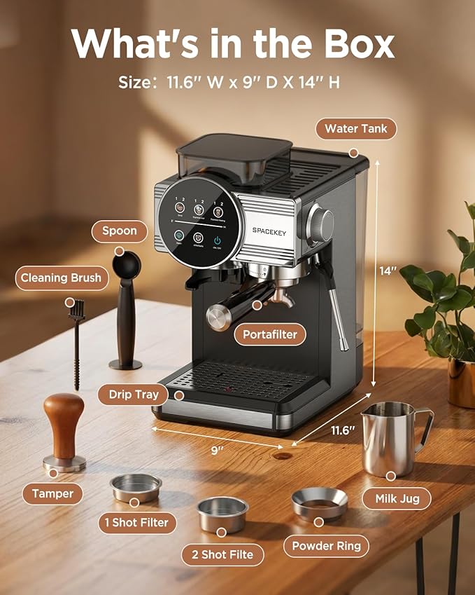 Spacekey Espresso Machine with Grinder - 20 Bar All-in-One Coffee Maker with Milk Steam Wand/Frother, Cold Brew, 30 Grind Settings, 60oz Removable Tank - Home Barista Kit for Lattes, Cappuccinos