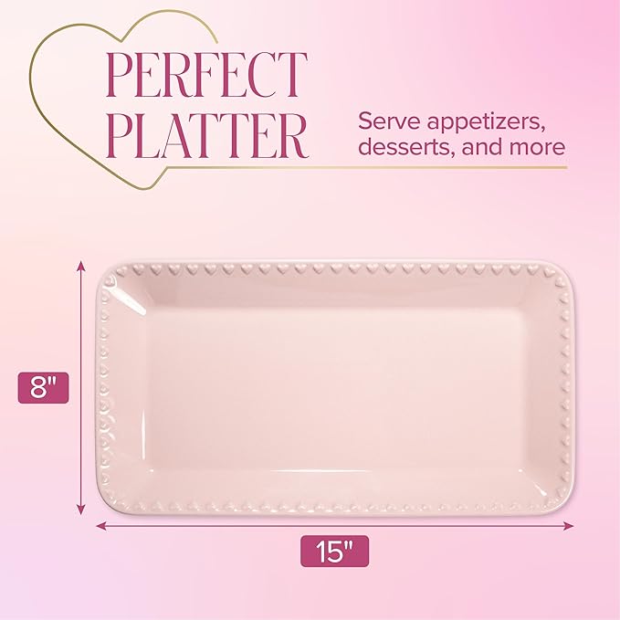 Paris Hilton Rectangle Ceramic Stoneware Serving Platter Tray, Embossed Hearts, Microwave Safe, 15x8-Inch, Pink