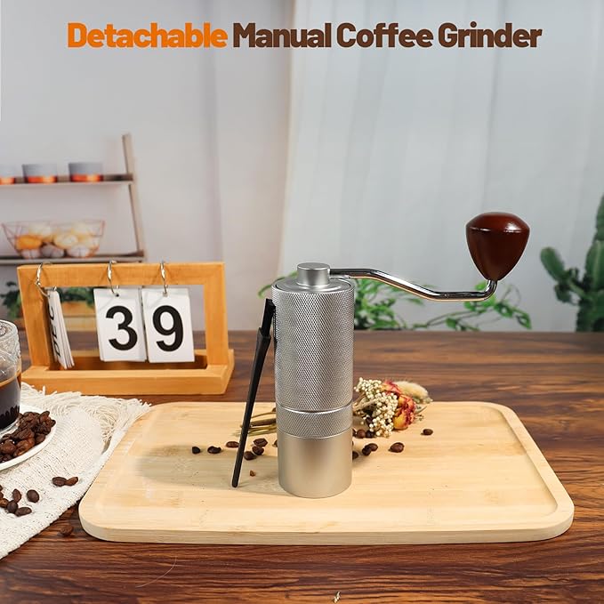 Manual Coffee Grinder Gift Box Detachable Stainless Steel Conical Burr Aluminum Coffee Bean Grinder with 25 Grinding Settings Cleaning Brush Grindable Espresso Moka Pot for Camping Silver
