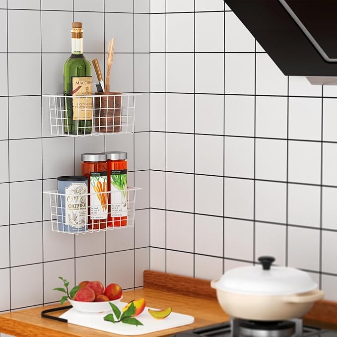 MaraFansie Hanging Kitchen Baskets Wire Storage Basket Adhesive and Screws Basket Over the Cabinet Door Organizer with Adhesive Strips and Screws Accessories, 4 Pack, White