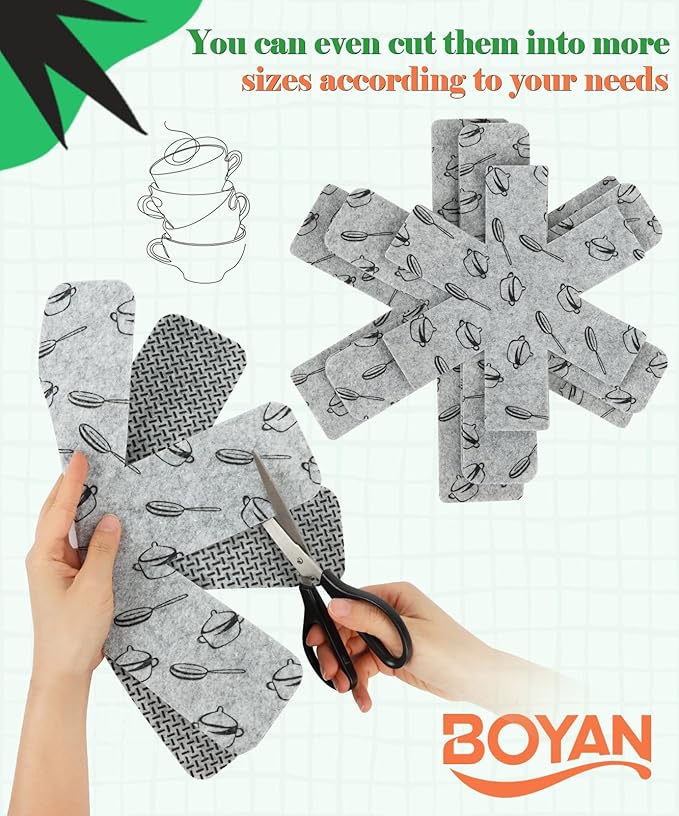 BOYAN Pot and Pan Protectors for Stacking, Set of 6 & 3 Sizes, Felt Pan Separators Dividers Pads for Space Saving, Pot Protectors for Stacking and Protecting Your Cookware